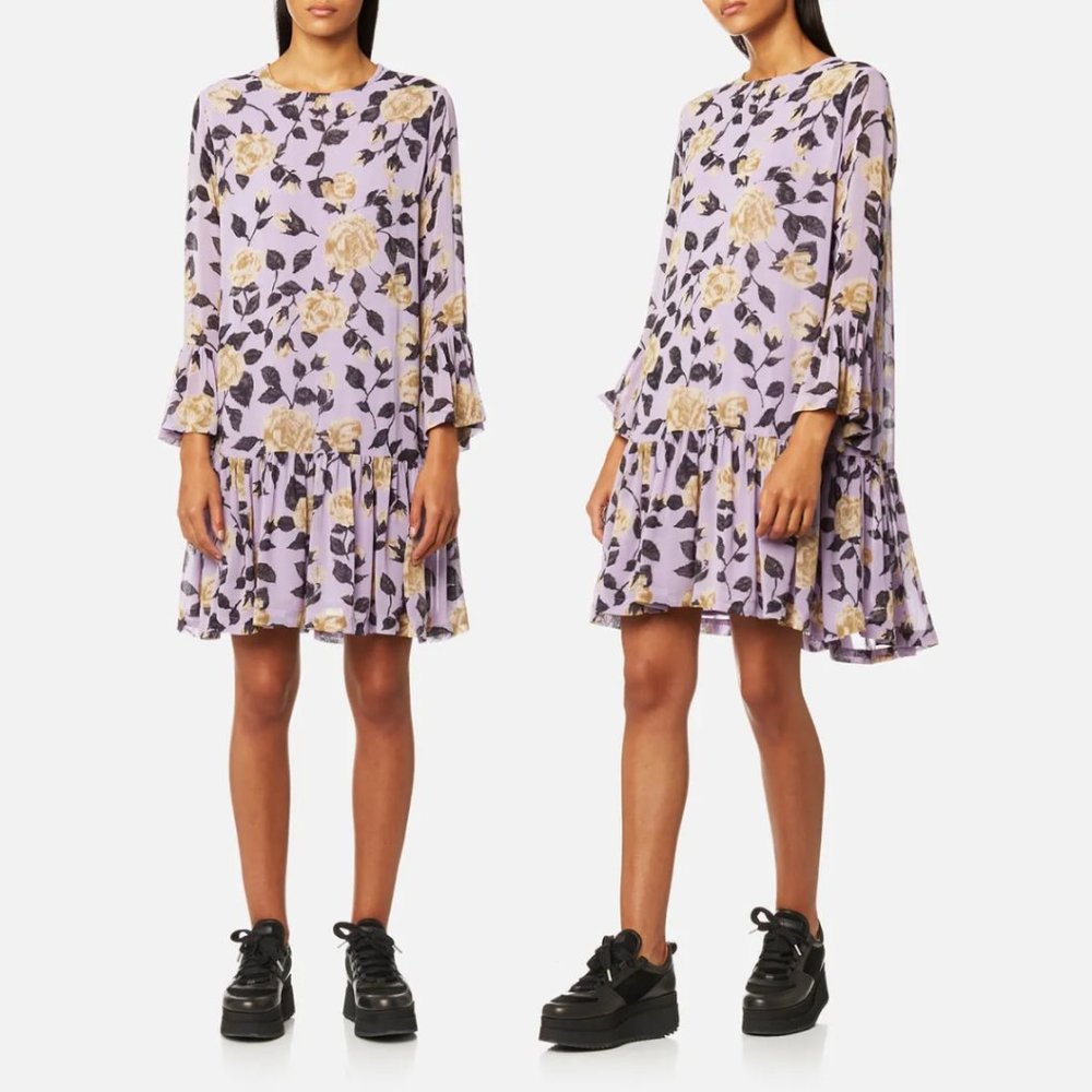 Ganni Casual Mini Dress in Lilac Sz 34 Purple Carlton Floral Ruffle Skirt